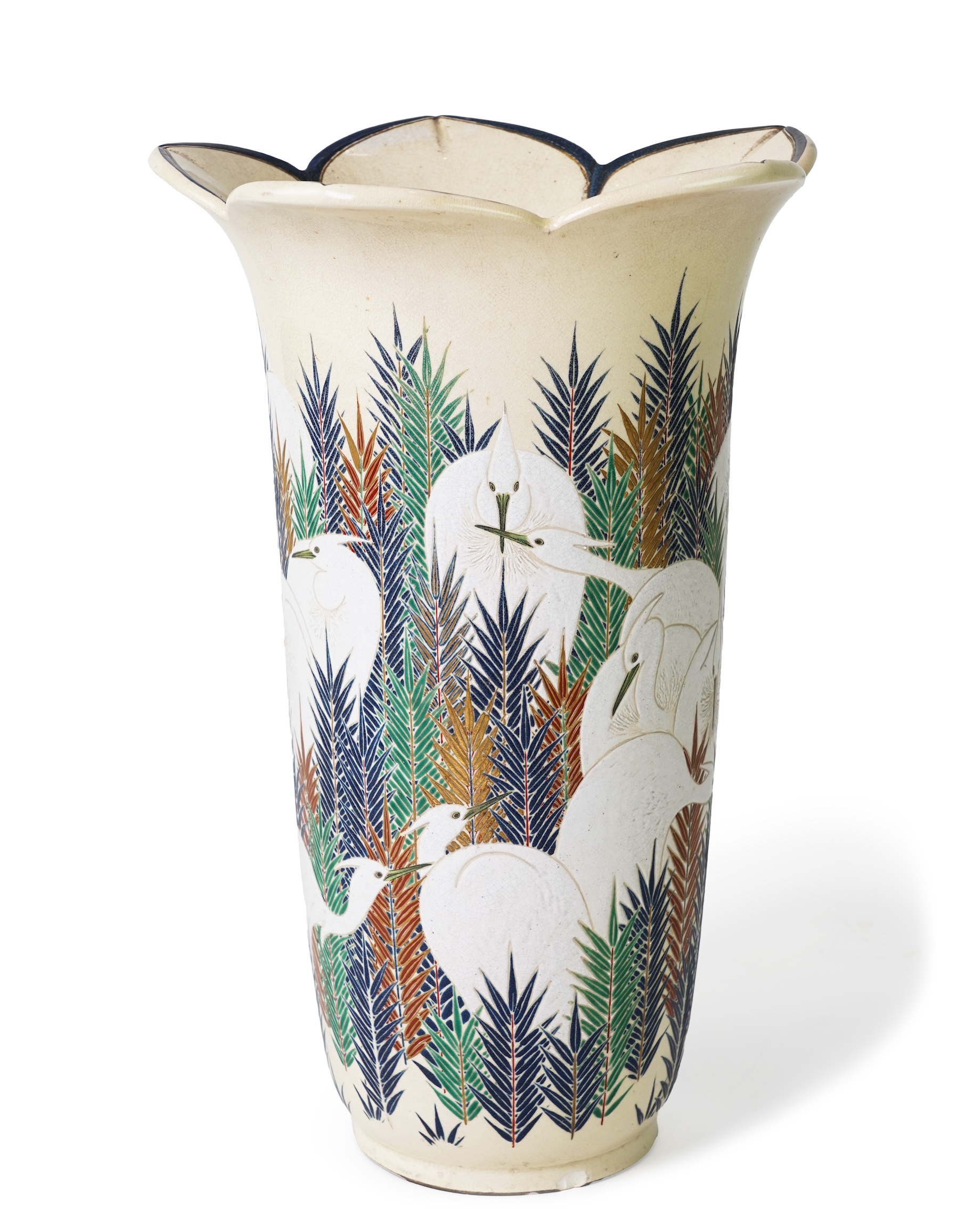 An exhibition size Japanese Satsuma ‘egrets’ vase, Meiji period, signed Tansai